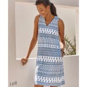 J Jill WearEver Collection Blue White V‎ Neck Sleeveless Shift Dress XL Petite